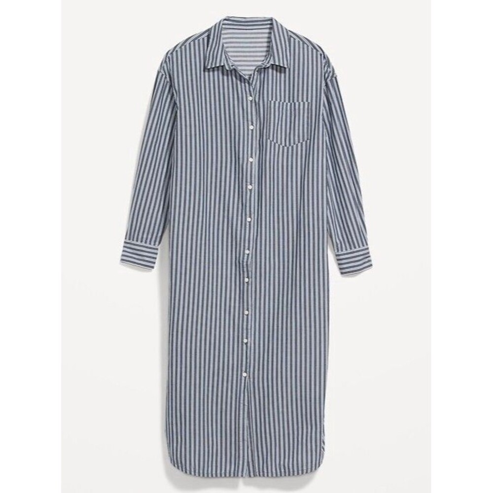 Old Navy Long Sleeve Stripped Cotton Poplin Midi Shift Dress Relaxed Nautical M